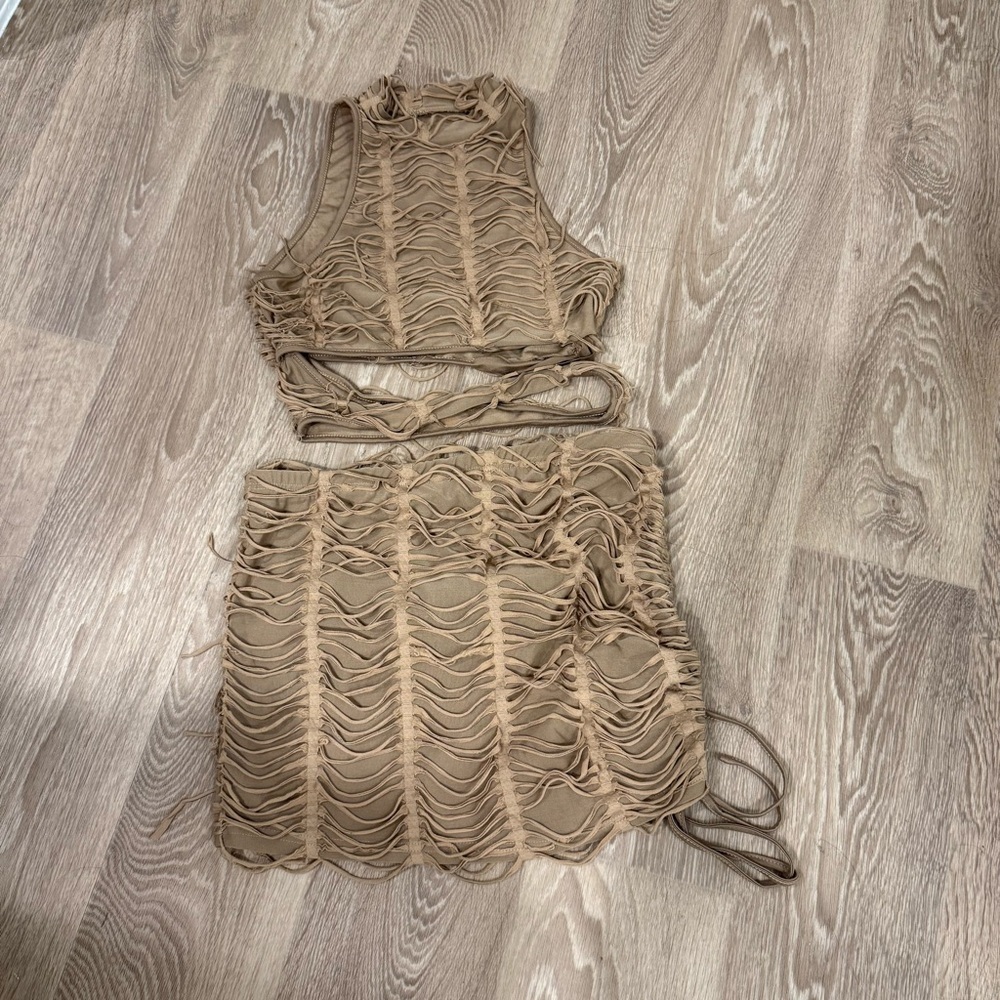 SHEIN Tan Fringe Two-Piece Set Size Large Festival Boho Hippie Costume - Picture 1 of 9